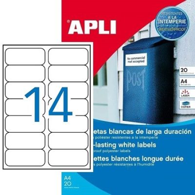 APLI No. 12113 fehér színű 99,1 x 38,1 mm méretű, lézernyomtatóval nyomtatható, öntapadós időjárásálló etikett címke, erős, tartós ragasztóval A4-es íven - kiszerelés: 280 címke / 20 ív (LCA12113)