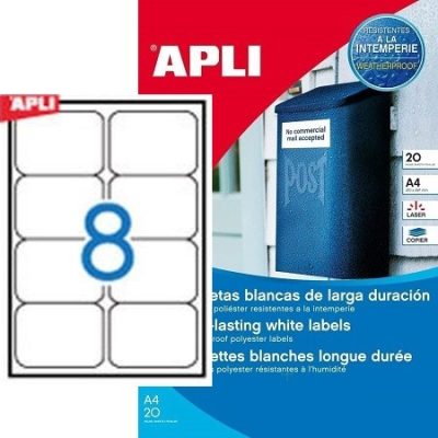 APLI No. 15087 fehér színű 99,1 x 67,7 mm méretű, lézernyomtatóval nyomtatható, öntapadós időjárásálló etikett címke, erős, tartós ragasztóval A4-es íven - kiszerelés: 160 címke / 20 ív (LCA15087)