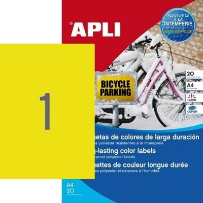 APLI No. 12877 sárga színű 210 x 297 mm méretű, lézernyomtatóval nyomtatható, öntapadós időjárásálló etikett címke, erős, tartós ragasztóval A4-es íven - kiszerelés: 20 címke / 20 ív (LCA12877)