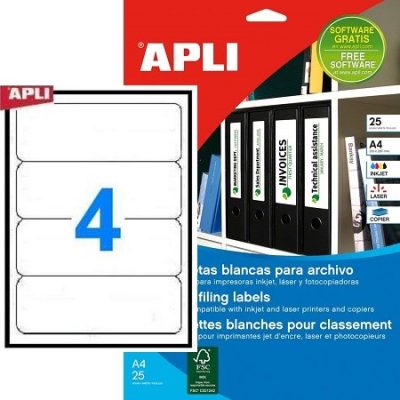 APLI No. 01233 fehér színű 190 x 61 mm méretű, univerzálisan nyomtatható, öntapadós iratrendező címke, permanens ragasztóval A4-es íven - kiszerelés: 100 címke / 25 ív (LCA1233)