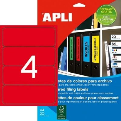 APLI No. 01376 piros színű 190 x 61 mm méretű, univerzálisan nyomtatható, öntapadós iratrendező címke, permanens ragasztóval A4-es íven - kiszerelés: 80 címke / 20 ív (LCA1376)