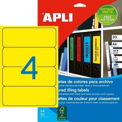 APLI No. 01374 sárga színű 190 x 61 mm méretű, univerzálisan nyomtatható, öntapadós iratrendező címke, permanens ragasztóval A4-es íven - kiszerelés: 80 címke / 20 ív (LCA1374)