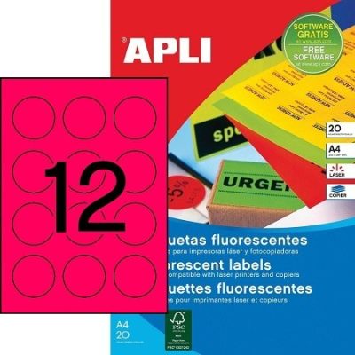 APLI No. 02868 neon piros színű 60 mm átmérőjű, lézernyomtatóval nyomtatható, öntapadós etikett címke, permanens ragasztóval A4-es íven - kiszerelés: 240 címke / 20 ív (LCA2868)