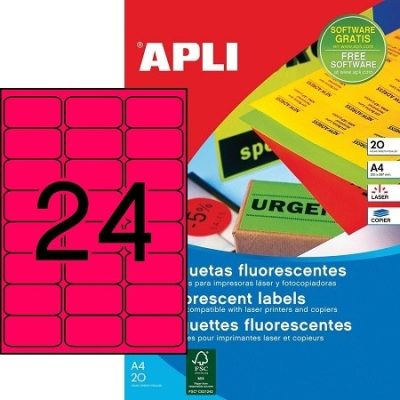 APLI No. 02872 neon piros színű 64 x 33,9 mm méretű, lézernyomtatóval nyomtatható, öntapadós etikett címke, permanens ragasztóval A4-es íven - kiszerelés: 480 címke / 20 ív (LCA2872)