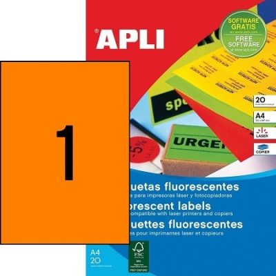 APLI No. 02879 neon narancssárga színű 210 x 297 mm méretű, lézernyomtatóval nyomtatható, öntapadós etikett címke, permanens ragasztóval A4-es íven - kiszerelés: 20 címke / 20 ív (LCA2879)