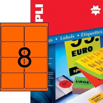 APLI No. 12986 neon narancssárga színű 99,1 x 67,7 mm méretű, lézernyomtatóval nyomtatható, öntapadós etikett címke, permanens ragasztóval A4-es íven - kiszerelés: 800 címke / 100 ív (LCA12986)