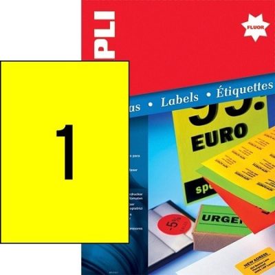 APLI No. 11747 neon sárga színű 210 x 297 mm méretű, lézernyomtatóval nyomtatható, öntapadós etikett címke, permanens ragasztóval A4-es íven - kiszerelés: 100 címke / 100 ív (LCA11747)