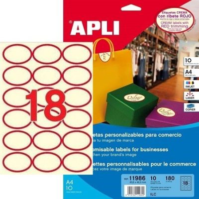 APLI No. 11986 krémszínű 63,5 x 42,3 mm méretű, univerzálisan nyomtatható, öntapadós, ovális alakú etikett címke, permanens ragasztóval A4-es íven - kiszerelés: 180 címke / 10 ív (LCA11986)