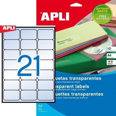 APLI No. 10967 víztiszta, átlátszó 63,5 x 38,1 mm méretű, tintasugaras nyomtatóval nyomtatható, öntapadós etikett címke, permanens ragasztóval A4-es íven - kiszerelés: 210 címke / 10 ív (LCA10967)