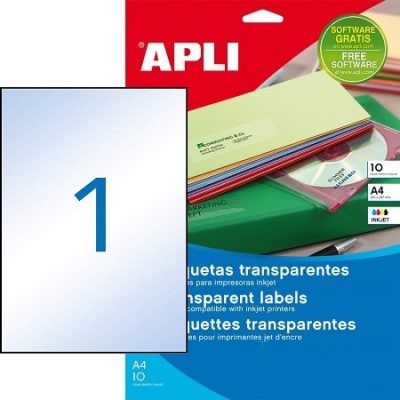 APLI No. 10053 víztiszta, átlátszó 210 x 297 mm méretű, tintasugaras nyomtatóval nyomtatható, öntapadós etikett címke, permanens ragasztóval A4-es íven - kiszerelés: 10 címke / 10 ív (LCA10053)