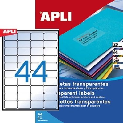 APLI No. 01223 átlátszó 48,5 x 25,4 mm méretű, lézernyomtatóval nyomtatható, öntapadós időjárásálló etikett címke, permanens ragasztóval A4-es íven - kiszerelés: 880 címke / 20 ív (LCA1223)