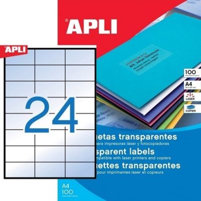 APLI No. 11918 átlátszó 70 x 37 mm méretű, lézernyomtatóval nyomtatható, öntapadós időjárásálló etikett címke, permanens ragasztóval A4-es íven - kiszerelés: 2400 címke / 100 ív (LCA11918)
