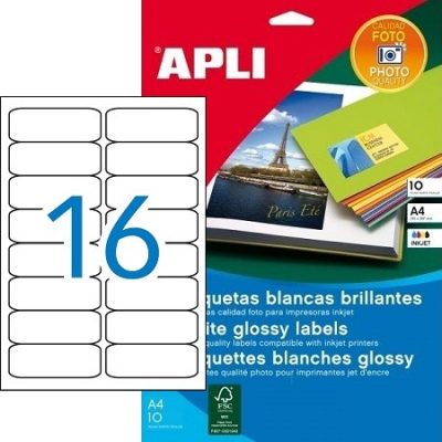 APLI No. 02923 fehér színű 99,1 x 34 mm méretű, tintasugaras nyomtatóval nyomtatható, fényes felületű öntapadós etikett címke, permanens ragasztóval A4-es íven - 160 címke / 10 ív (LCA2923)