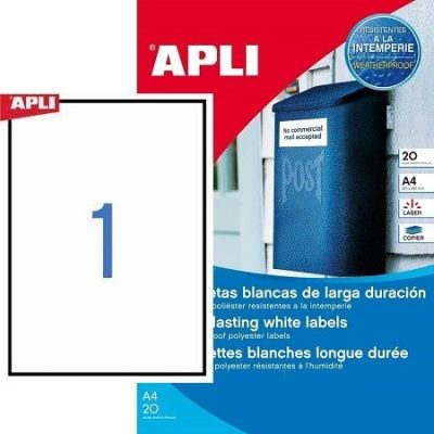 APLI No. 01228 fehér színű 210 x 297 mm méretű, lézernyomtatóval nyomtatható, öntapadós időjárásálló etikett címke, erős, tartós ragasztóval A4-es íven - kiszerelés: 20 címke / 20 ív (LCA1228)