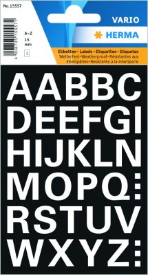 Herma Vario No. 15557 fehér színű, 15 mm magasságú, időjárásálló öntapadó betűk, karakterek: A-Z - kiszerelés: 1 ív / csomag (Herma No. 15557)