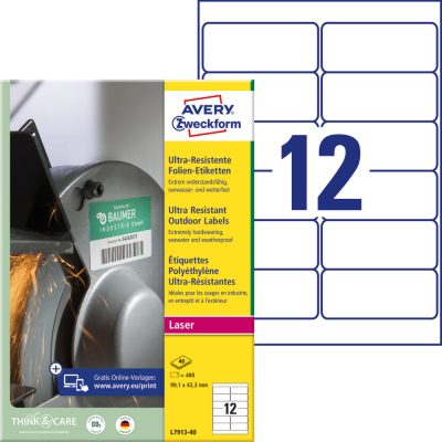 Avery Zweckform No. L7913-40 fehér színű 99,1 x 42,3 mm méretű, lézernyomtatóval nyomtatható, ultra ellenálló öntapadós etikett címke, erős, tartós ragasztóval A4-es íven - kiszerelés: 480 címke / 40 ív