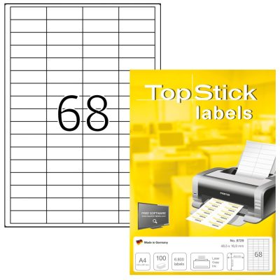 TopStick No. 8729 fehér színű 48,5 x 16,9 mm méretű, univerzálisan nyomtatható, öntapadós etikett címke, permanens ragasztóval A4-es íven - kiszerelés: 6800 címke / 100 ív
