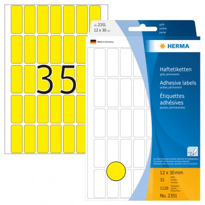 Herma No. 2351 sárga színű 12 x 30 mm méretű, kézzel írható, öntapadó etikett címke, általános felhasználásra, permanens ragasztóval - kiszerelés: 1120 címke / csomag