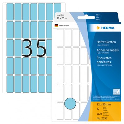Herma No. 2353 kék színű 12 x 30 mm méretű, kézzel írható, öntapadó etikett címke, általános felhasználásra, permanens ragasztóval - kiszerelés: 1120 címke / csomag
