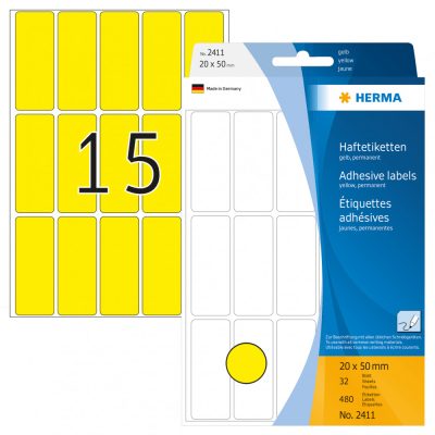 Herma No. 2411 sárga színű 20 x 50 mm méretű, kézzel írható, öntapadó etikett címke, általános felhasználásra, permanens ragasztóval - kiszerelés: 480 címke / csomag