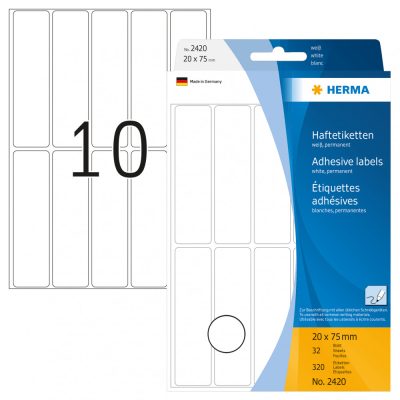 Herma No. 2420 fehér színű 20 x 75 mm méretű, kézzel írható, öntapadó etikett címke, általános felhasználásra, permanens ragasztóval - kiszerelés: 320 címke / csomag