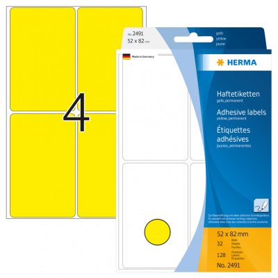 Herma No. 2491 sárga színű 52 x 82 mm méretű, kézzel írható, öntapadó etikett címke, általános felhasználásra, permanens ragasztóval - kiszerelés: 128 címke / csomag