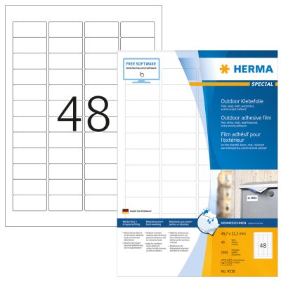 Herma No. 9536 fehér színű 45,7 x 21,2 mm méretű, lézernyomtatóval nyomtatható, öntapadós időjárásálló etikett címke, extra erős, tartós ragasztóval A4-es íven - kiszerelés: 1920 címke / 40 ív
