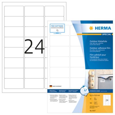 Herma No. 9537 fehér színű 63,5 x 33,9 mm méretű, lézernyomtatóval nyomtatható, öntapadós időjárásálló etikett címke, extra erős, tartós ragasztóval A4-es íven - kiszerelés: 960 címke / 40 ív