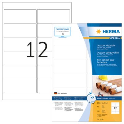 Herma No. 9538 fehér színű 99,1 x 42,3 mm méretű, lézernyomtatóval nyomtatható, öntapadós időjárásálló etikett címke, extra erős, tartós ragasztóval A4-es íven - kiszerelés: 480 címke / 40 ív