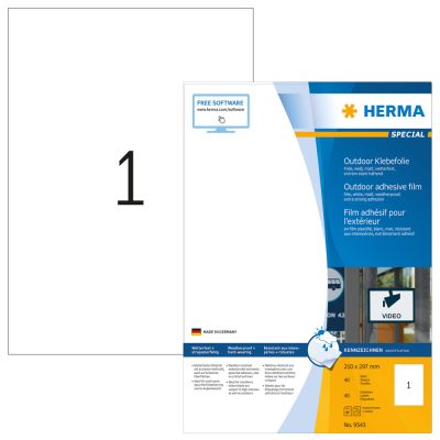 Herma No. 9543 fehér színű 210 x 297 mm méretű, lézernyomtatóval nyomtatható, öntapadós időjárásálló etikett címke, extra erős, tartós ragasztóval A4-es íven - kiszerelés: 40 címke / 40 ív