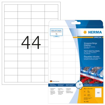 Herma No. 4581 fehér színű 48,3 x 25,4 mm méretű, lézernyomtatóval nyomtatható, öntapadós időjárásálló etikett címke, extra erős, tartós ragasztóval A4-es íven - kiszerelés: 440 címke / 10 ív
