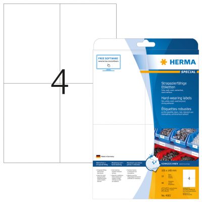 Herma No. 4583 fehér színű 105 x 148 mm méretű, lézernyomtatóval nyomtatható, öntapadós időjárásálló etikett címke, extra erős, tartós ragasztóval A4-es íven - kiszerelés: 40 címke / 10 ív