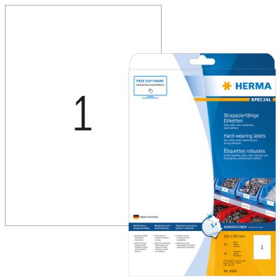 Herma No. 4584 fehér színű 210 x 297 mm méretű, lézernyomtatóval nyomtatható, öntapadós időjárásálló etikett címke, extra erős, tartós ragasztóval A4-es íven - kiszerelés: 10 címke / 10 ív