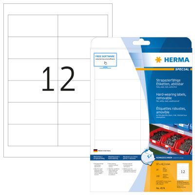 Herma No. 4574 fehér színű 97 x 42,3 mm méretű, lézernyomtatóval nyomtatható, öntapadós időjárásálló etikett címke, visszaszedhető ragasztóval A4-es íven - kiszerelés: 240 címke / 20 ív