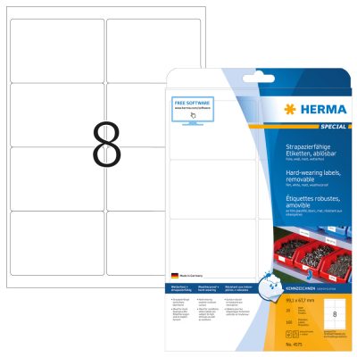 Herma No. 4575 fehér színű 99,1 x 67,7 mm méretű, lézernyomtatóval nyomtatható, öntapadós időjárásálló etikett címke, visszaszedhető ragasztóval A4-es íven - kiszerelés: 160 címke / 20 ív
