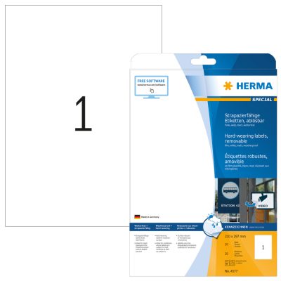 Herma No. 4577 fehér színű 210 x 297 mm méretű, lézernyomtatóval nyomtatható, öntapadós időjárásálló etikett címke, visszaszedhető ragasztóval A4-es íven - kiszerelés: 20 címke / 20 ív