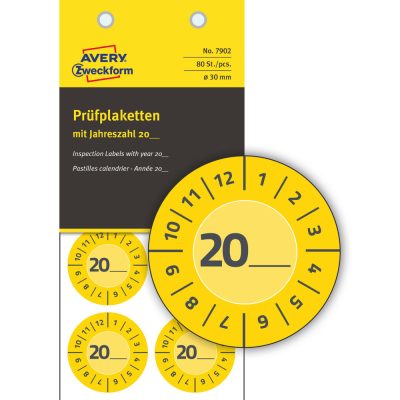Avery Zweckform No. 7902 sárga színű, 30 mm átmérőjű, öntapadós időjárásálló felülvizsgálati címke, 20__ évszámmal, 12 hónapos beosztással - kiszerelés: 80 címke / csomag