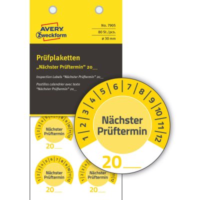 Avery Zweckform No. 7905 sárga színű, 30 mm átmérőjű, öntapadós időjárásálló felülvizsgálati címke, 20__ évszámmal, Nächster Prüftermin felirattal, 12 hónapos beosztással - kiszerelés: 80 címke / csomag