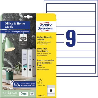 Avery Zweckform No. C32266-10 fehér színű 190 x 30 mm méretű, univerzálisan nyomtatható iratrendező betétlap, mikroperforált élekkel A4-es íven - kiszerelés: 90 betétlap / 10 ív