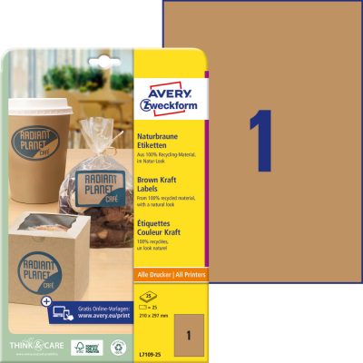 Avery Zweckform No. L7109-25 natúr barna színű 210 x 297 mm méretű, téglalap alakú, univerzálisan nyomtatható, öntapadós etikett címke, permanens ragasztóval A4-es íven - kiszerelés: 25 címke / 25 ív