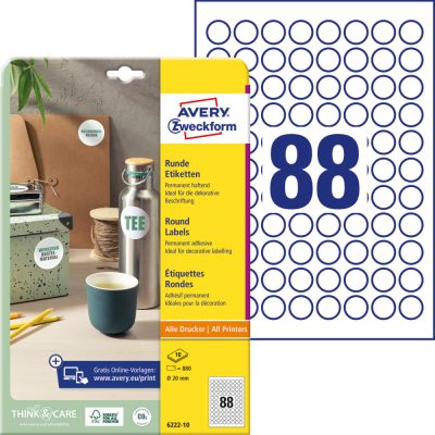Avery Zweckform No. 6222-10 fehér színű 20 mm átmérőjű, kör alakú, univerzálisan nyomtatható, öntapadós etikett címke, permanens ragasztóval A4-es íven - kiszerelés: 880 címke / 10 ív