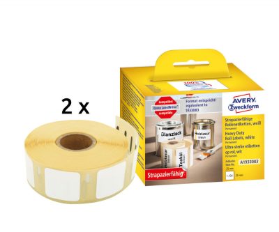 Avery Zweckform No. A1933083 fehér színű 25 x 25 mm méretű, nyomtatható öntapadós tekercses időjárásálló etikett címke, erős, tartós ragasztóval - kiszerelés: 850 címke / tekercs, 2 tekercs / doboz