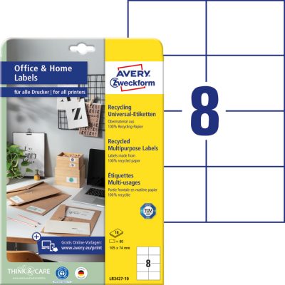 Avery Zweckform No. LR3427-10 natúr fehér színű 105 x 74 mm méretű, univerzálisan nyomtatható, környezetbarát öntapadós etikett címke, permanens ragasztóval A4-es íven - kiszerelés: 80 címke / 10 ív