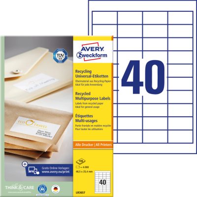 Avery Zweckform No. LR3657 natúr fehér színű 48,5 x 25,4 mm méretű, univerzálisan nyomtatható, környezetbarát öntapadós etikett címke, permanens ragasztóval A4-es íven - kiszerelés: 4000 címke / 100 ív