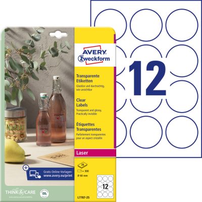 Avery Zweckform No. L7787-25 víztiszta átlátszó 60 mm átmérőjű, lézernyomtatóval nyomtatható, öntapadós etikett címke, permanens ragasztóval A4-es íven - kiszerelés: 300 címke / 25 ív