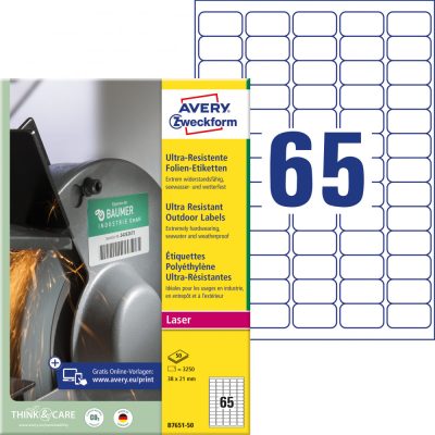 Avery Zweckform No. B7651-50 fehér színű 38 x 21 mm méretű, lézernyomtatóval nyomtatható, ultra ellenálló öntapadós etikett címke, erős, tartós ragasztóval A4-es íven - kiszerelés: 3250 címke / 50 ív