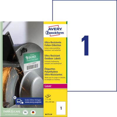 Avery Zweckform No. B4775-50 fehér színű 210 x 297 mm méretű, lézernyomtatóval nyomtatható, ultra ellenálló öntapadós etikett címke, erős, tartós ragasztóval A4-es íven - kiszerelés: 50 címke / 50 ív