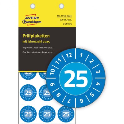 Avery Zweckform No. 6945-2025 kék színű, 20 mm átmérőjű, öntapadós biztonsági hitelesítő címke, 2025-ös évszámmal, 12 hónapos beosztással - kiszerelés: 120 címke / csomag