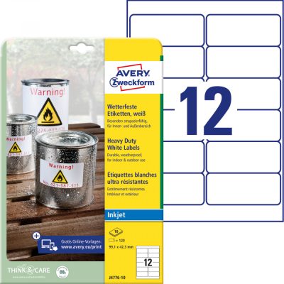 Avery Zweckform No. J4776-10 fehér színű 99,1 x 42,3 mm méretű, tintasugaras nyomtatóval nyomtatható, öntapadós időjárásálló etikett címke, erős, tartós ragasztóval A4-es íven - 120 címke / 10 ív