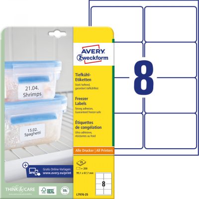 Avery Zweckform No. L7976-25 fehér színű 99,1 x 67,7 mm méretű univerzálisan nyomtatható öntapadós etikett címke, erős tapadású fagyálló ragasztóval A4-es íven - kiszerelés: 200 címke / 25 ív